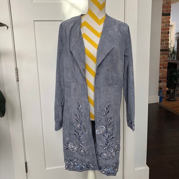 Curations Long Jacket Blue Faux Suede Boho Embroidered Duster Women Med ium NWT - Picture 15 of 16